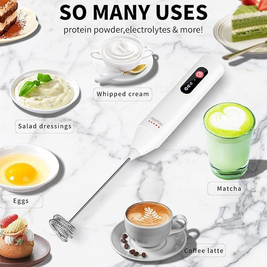 3-Speed Rechargeable Milk Frother for Coffee, Baking & Eggs - USB Fast Charging, Portable Frother Wand for Perfect Foam Every Time! (White, 3-Speed & USB Rechargeable)
