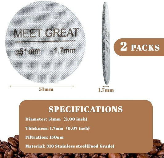 Meet Great- 2 Packs 51mm Espresso Puck Screen, 1.7mm Thickness 150μm 316L Stainless Steel, Upgraded Reusable Coffee Filter Screen for 51mm Breville Portafilter Filter Basket