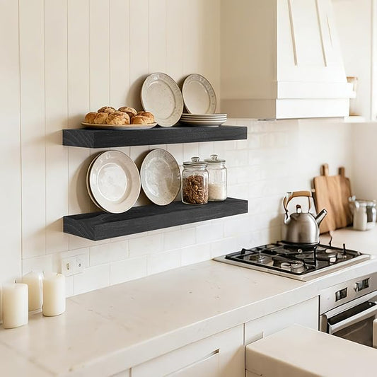 Floating Wall Shelf 16x6.8x1.7 Inch – Solid Wood Shelf in Black Finish – Wall Mounted Rustic Display Organizer for Bathroom, Kitchen, Bedroom, Small Spaces – Set of 2