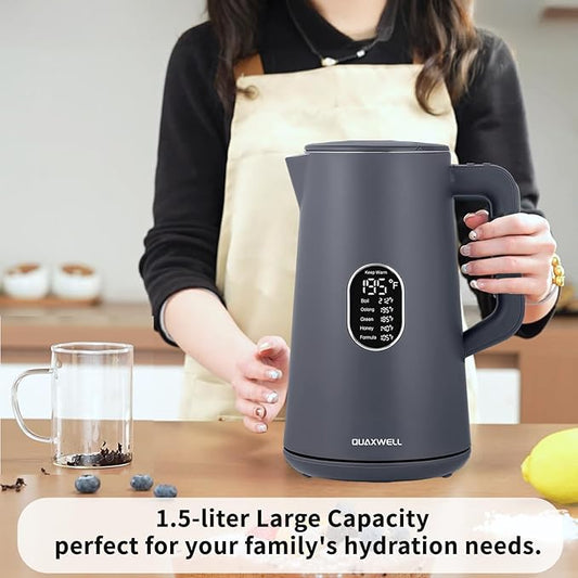 1.5L Electric Kettle Stainless Steel, Double Wall Cool Touch Teapot, Fast Boil,5 Temperature Control, LED Display, Auto Shut-Off, BPA-Free,Keep Warm Function, Ideal for Tea & Coffee (Gray)
