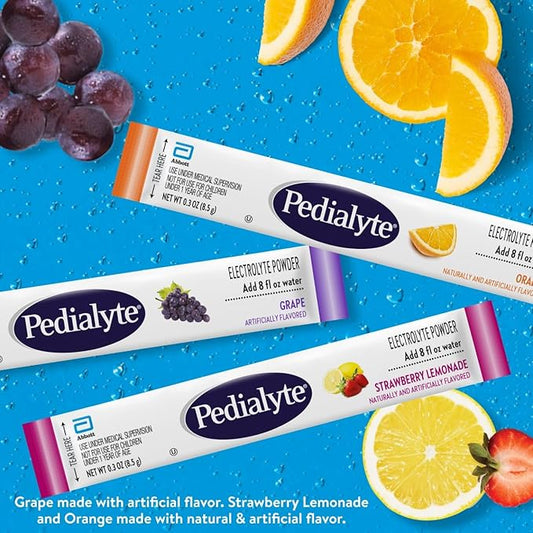 Pedialyte Electrolyte Powder | Hydration Drink for Kids & Adults | Variety Pack: Grape, Strawberry Lemonade, and Orange, 24 Powder Packets