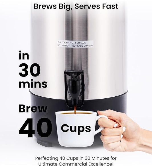 SYBO Commercial Grade Stainless Steel Percolate Coffee Maker, Hot Water Urn for Catering, Hot Beverage Dispenser, 40-Cup, 6L, Metallic