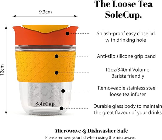 Travel Mug Loose Tea Infuser - Detachable Tea Strainer with Spillproof Lid - BPA-Free Reusable Glass Travel Coffee Cup with Silicone Band (Red, 12oz)