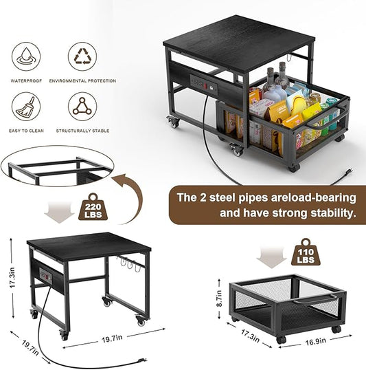 Mini Fridge Stand with Storage and Wheels, Heavy Duty Mini Fridge Table with Power Outlets for 220LBS Refrigerator, Rolling Fridge Cart with Large Capacity Drawer for Dorm,Office,Bedroom (Black)