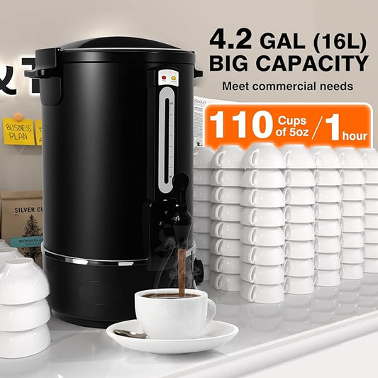Nalison Commercial Coffee Urn, 110-Cup 16L Fast Brew Stainless Steel Hot Beverage Dispenser ,Electric Hot Water Urn for Wedding, Party, Catering with Easy Cleaning. Black Dispenser (Double Wall)