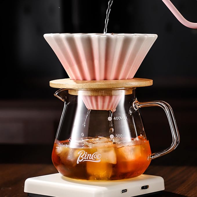 Bincoo Ceramic Coffee Dripper,Pour Over Coffee Dripper with Wood Stand, Flower-shape for 1-2 Cups Slow Brewing Maker for Home Cafe (Pink)