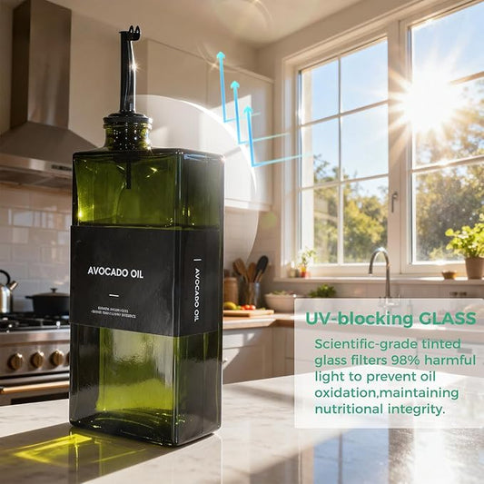 Olive Oil Dispenser Bottle For Kitchen, 17OZ UV-Blocking Oil And Vinegar Dispenser Set Of 4, Soy Sauce Cooking Oil Dispenser with 4 Stainless Steel Pourers & 44 Labels