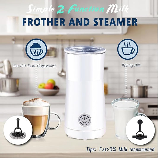 Huogary Milk Forther Simple Milk Frother and Steamer 2-in-1 Milk Steamer with Hot Milk Foam and Hot Milk for Latte, Macchiato, Cappuccinos, White (Medium)