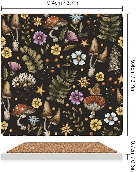 Square-4PCS Botanical Ceramic Coasters, Square Absorbent Drink Coasters, Cartoon Botanical Floral Rustic Plant Leaves Mushroom Ceramic Table Coasters for Coffee, Beverage, Wine, Beer Coasters