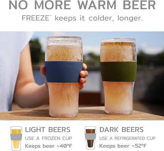 Host FREEZE Beer Cooling Cups, Frozen Beer Mugs, Freezable Pint Glass Set, Insulated Pint Glass to Keep Your Drinks Cold, Double Walled Insulated Glasses, Gift for Dad,16oz, Set of 2, Olive