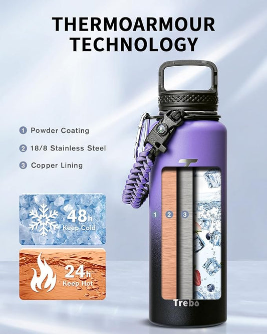 Trebo Water Bottle 40oz with Paracord Handle, Half Gallon Large Vacuum Double Wall Stainless Steel Insulated Water Jug with Holder Strap Straw Spout Lids, Leakproof Keep Cold & Hot,Dark Purple
