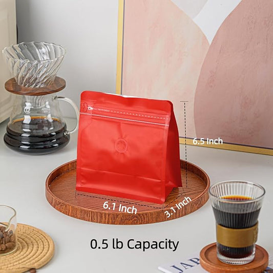 50 Pcs 0.5lb red Sqaure Coffee Bean Bags with Valve, Easy Tear Open & Repeating Sealed Zipper, Heat-Seal Stand Up & Flat Bottom Coffee Bag, 8oz Capacity 7.6.1x6.5 Inch