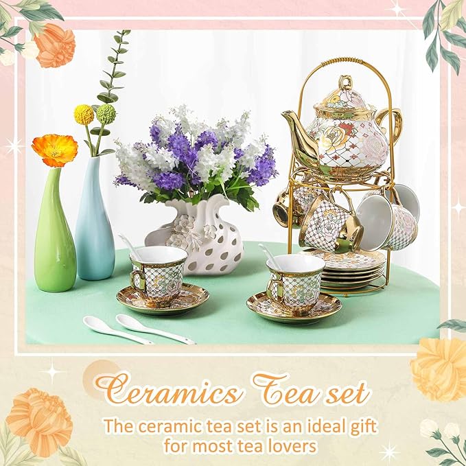 Zhehao 20 Pcs Porcelain Tea Set with Metal Holder and Spoon Adult Ceramic Tea Set European Flower Painting Teapot Cup Saucer Spoon for Women, Large Version(Delicate Style)
