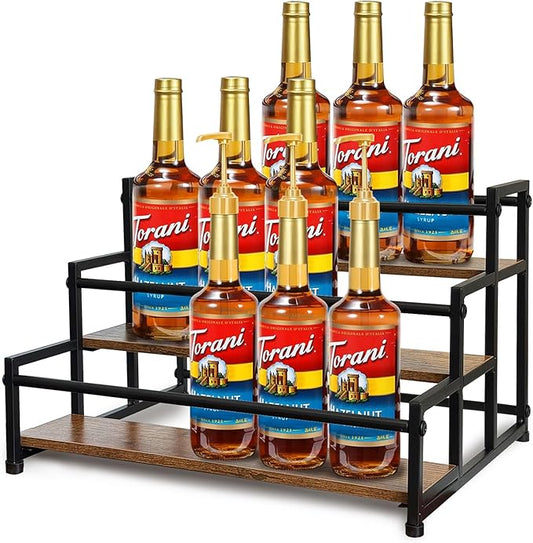 Klxuyuo 3-Tier Coffee Syrup Rack for 15 Bottles (750ml) –Sturdy Coffee Syrup Organizer for Bar, Kitchen, Café, Office