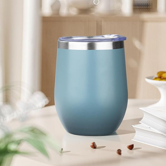 12oz Stemless Wine Tumbler with Lid Double Wall Insulated Wine Cup Stainless Steel Glasses Tumbler with Straw Insulated cocktail Tumbler Coffee Mug for Hot and Cold Beverages (Multicolor-9,6Pack)