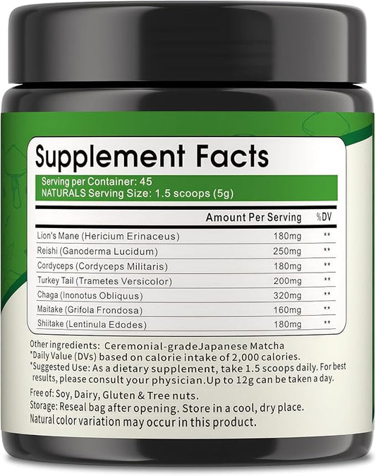Mushroom Matcha Powder, Japanese Ceremonial Matcha Infused With 7 Superfood Mushrooms, MCT Oil, Coconut Milk Powder, Natural, Gluten Free, Taste Great Matcha Latter 8 Oz(45 Servings)