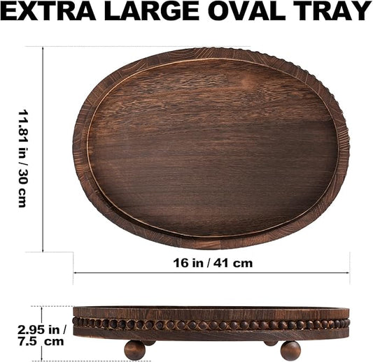 Wooden Decorative Tray-16×11.8in Wood Beaded Coffee Table Decor Tray, Rustic Farmhouse Decor Tray for Living Room, Bathroom, Kitchen Dining Table, Serving Tray Home Decor