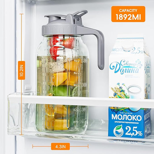 64 oz Fruit Water Infuser Pitcher, Heavy Duty Wide Mouth Glass Pitcher with Lid and Pour Spout, Tea Jug Airtight Seal for Freshness and Convenience, Great for Cold Beverages, Breast Milk