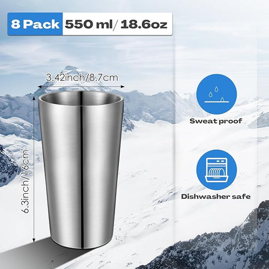 Mimorou 8 Pack Stainless Steel Insulated Cup 18.6 oz Metal Tumbler Double Wall Vacuum Water Glasses Camping Reusable Mugs BBQ Home Office Party Coffee(Silver)