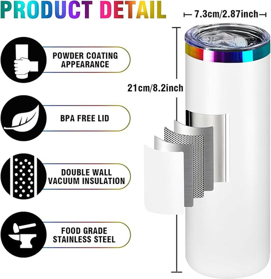 20oz Laser Engraving Straight Skinny Tumblers,4PACK Stainless Steel Skinny tumblers with Lids and Straws,Insulated Vacuum and Powder Coated Coffee Mug for Hot and Cold Drinks (White)