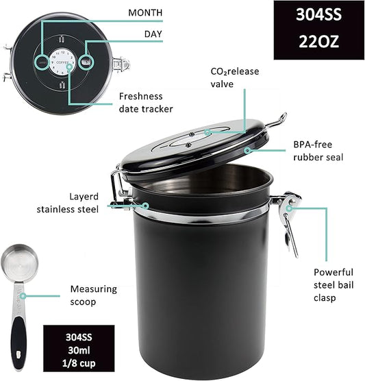 Kmass Kmaxx 2pack 22oz Airtight Stainless Steel Coffee Canister Food Storage Container with Date Tracker and Measuring Scoop for Coffee Beans or Grounds, Tea, Sugar, Rice (BLACK)