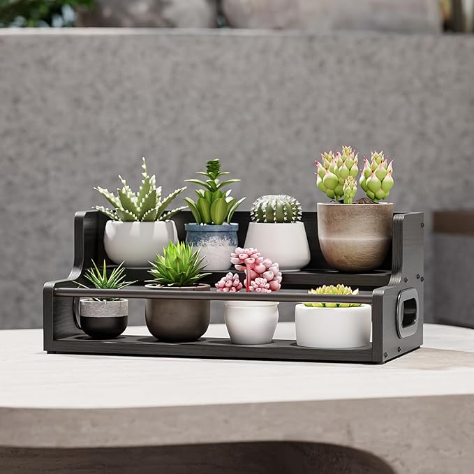 KLM Liquor Bottle Display Shelf, Coffee Syrup Rack Organizer, 2 Step Countertop Liquor Wine Rack, Mini bar,Liquor Cabinet, Home Retro Bar Shelf Stand for Liquor Whiskey, Spirits, (Black)