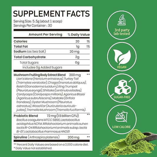 Mushroom Matcha with 12 Mushrooms with Lion's Mane, Chaga and Probiotics, Ceremonial Grade Matcha Powder for Focus, Digestion & Immunity - 30 Servings