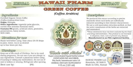 Hawaii Pharm Green Coffee Alcohol-Free Liquid Extract, Green Coffee (Coffea Arabica) Dried Bean Glycerite Natural Herbal Supplement 4x4 oz