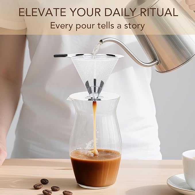 Premium Pour Over Coffee Dripper with Reusable Stainless Steel Filter – Portable, Easy Clean Coffee Maker for Single Cup Brewing – Ideal for Home, Office, Camping