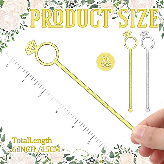 30 Pcs 6 Inch Diamond Ring Coffee Stirrers Reusable Cocktail Wedding Drink Stirrers Golden Silver Plastic Beverage Swizzle Stick for Wedding Party Festival(Golden, Silver)