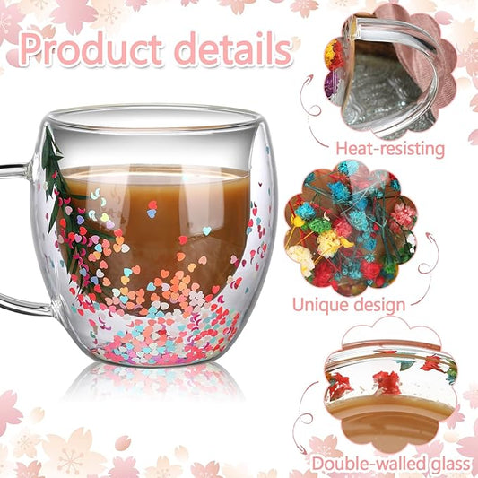 6 Pcs Flower Double Wall Coffee Mugs 8.5 oz Clear Decorative Coffee Glass Cup Insulated Heat Resistant Mug with Handle for Hot Cold Espresso Beverages Juice Birthday Mother's Day Gifts