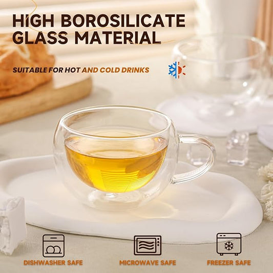 Double Wall Insulated Glass Tea Cups Set of 4, Clear Borosilicate Glass Espresso Shot Cups for Espresso Machine, Teacups Coffee Mugs with Handle for Cappuccino Latte, 7OZ/200ML