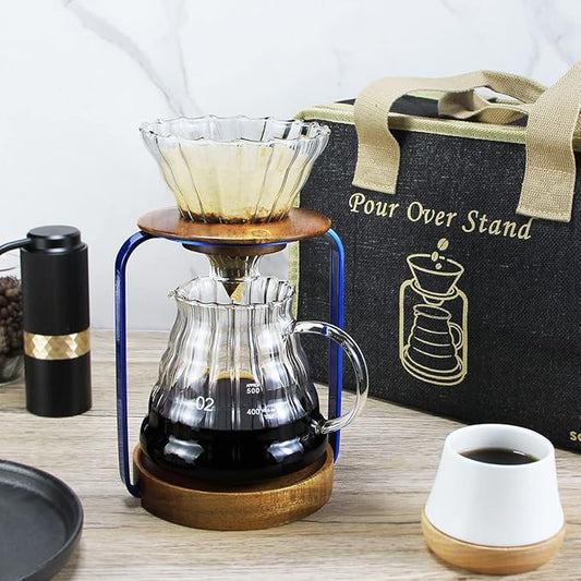 SOTECH Pour Over Coffee Dripper Stand Set – Metal Stand, Wood Filter Holder, Glass Server & Paper Filters Included