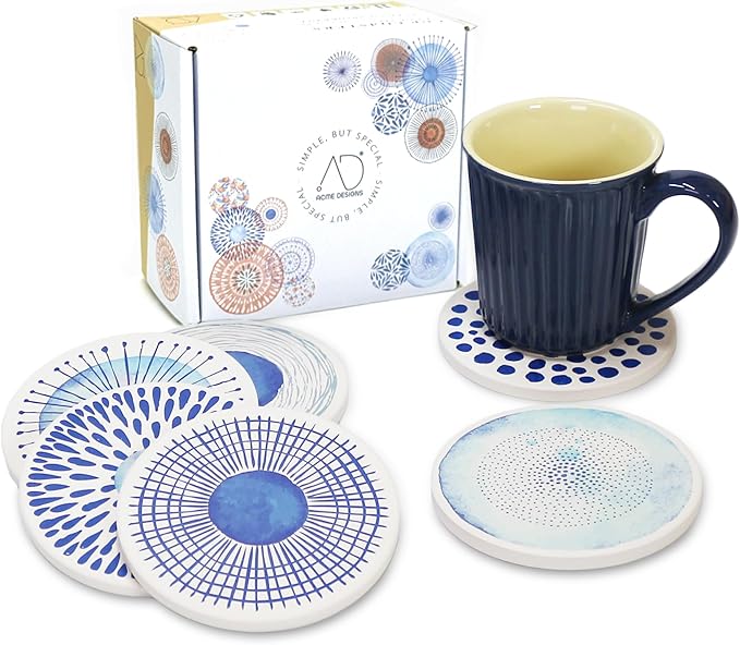 AD Set of 6 Coasters for Drinks Absorbing Round Ceramic Stone Coaster with Cork Base,Tabletop Protection Mat for Mugs and Cups,Office,Kitchen (Blue Watercolor with Holder)