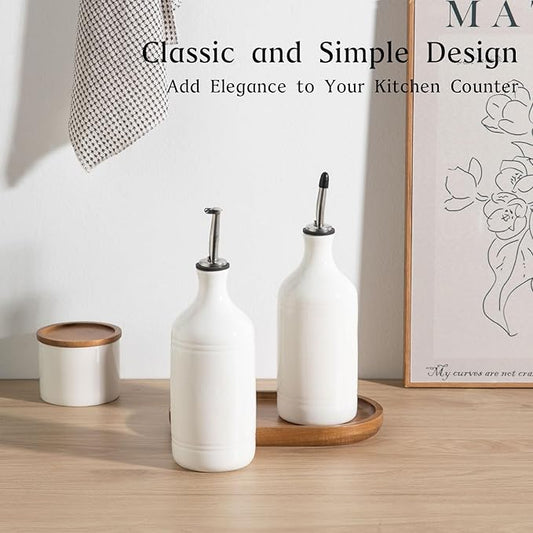 Sweejar Ceramic Olive Oil Dispenser Bottle Set, Opaque Oil Cruet Protects to Reduce Oxidation, Suitable For Storage Of Vinegar, Soy Sauce & Other Liquids,Pack of 2,15.5 Fl Oz(White)