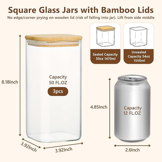 KEYWING 50oz Airtight Glass Storage Containers with Lids Set of 3, Square Glass Jars with Bamboo Lids, Kitchen Pantry Storage Canister for Flour, Sugar, Cereal, Coffee Beans, Pasta, Cookies & Tea