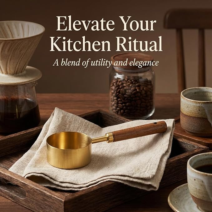 1/3 Cup Measuring Cup, 80ml Stainless Steel Measuring Scoop Gold Coffee Scoop 1/3 Teaspoon with Wooden Handle for Baking Cooking Wet and Dry Ingredients