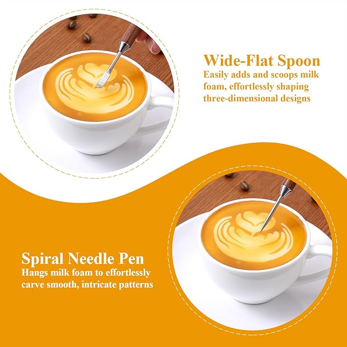 Teaaha 2 PCS Latte Art Pen Set, Stainless Steel Latte Art Pen Barista Tools with Wooden Handle, Double-Ended Coffee Stencils Tools for Professional Espresso Designs