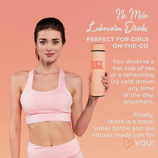 Hey Girl Tea Infuser Bottle 450ml - Insulated Stainless Steel Water Bottle - Tea Tumbler with Tea Diffuser - Portable Travel Mug for Loose Leaf Tea & Infused Water - Tea Lovers Gifts for Women
