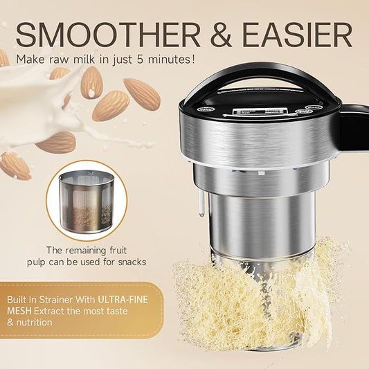 304 Stainless Steel Almond Milk Maker Machine (Built-in Filter) 50oz 6-7 Cups Per Batch, 8-IN-1 Cooking Blender Make Plant Based Nut Milk, Soy Oat Milk, Soup & Juice, Automatic Cleaning (Silvery)