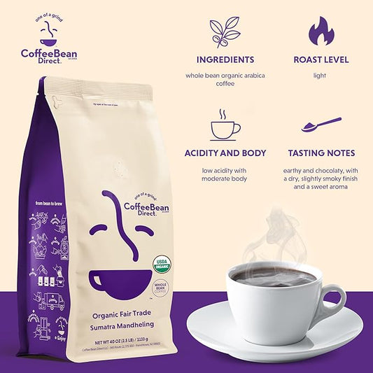 Coffee Bean Direct Organic Fair Trade Sumatra Mandheling, Whole Bean Coffee, Light Roast, 2.5 Pound Bag (Pack of 1)