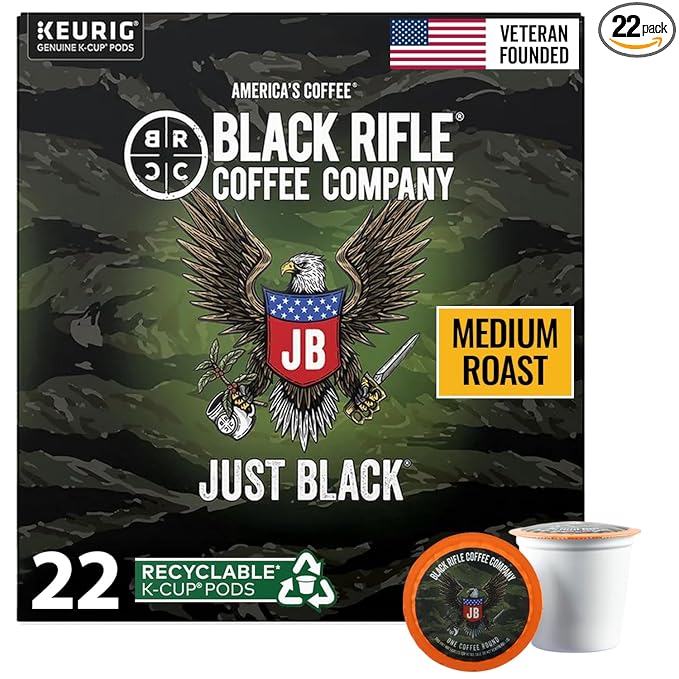 Black Rifle Coffee Company Just Black Medium Roast K-Cups 22ct Coffee Pods – Veteran-Founded, Bold & Smooth, Cocoa & Vanilla Notes, Compatible with Keurig Single-Serve Brewers