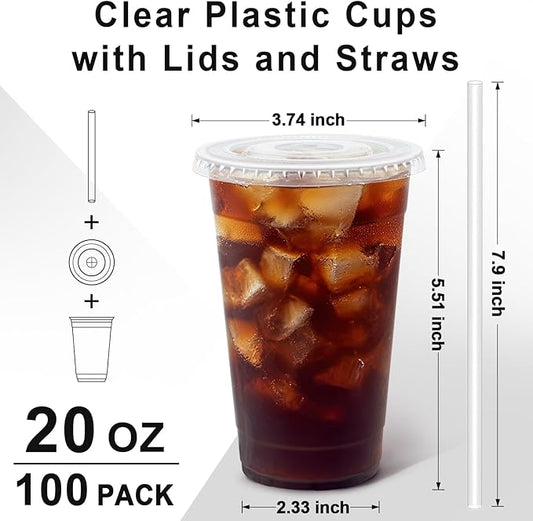 Clawsoff 100 Pack 20 oz Plastic Cups with Lids and Straws Sturdy Food Safe Iced Clear Coffee Cups Disposable Smoothie Cups for Cold Drinks