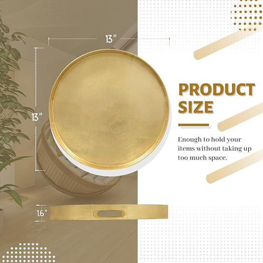 MAONAME 13" Gold Round Decorative Tray for Coffee Table, Modern Serving Tray with Handles, Foil Ottoman Trays, Bathroom Decor