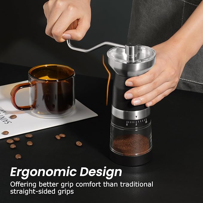 VEVOK CHEF Manual Coffee Grinder 10 External Adjustment Fashion Bean Grinder Stainless Steel Double Bearing Conical Burr Portable Hand Coffee Mill for Home,Camping,Silver