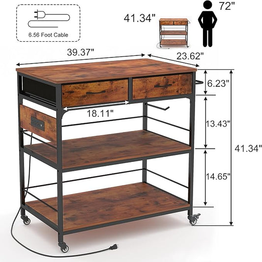 Kitchen Island with Storage,Mobile Kitchen Island Cart with Power Outlet,Industrial Kitchen Island on Wheels,Island Table for Kitchen