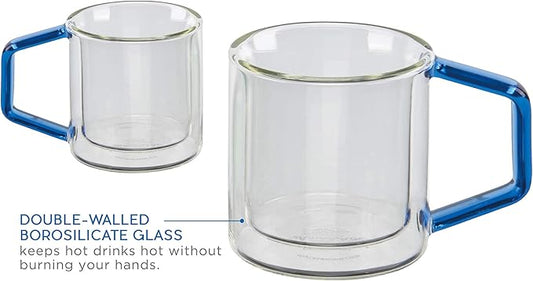 casaWare 4-Ounce Set of 2 Double Wall Insulated Borosilicate Glass Espresso Coffee Mugs with Comfort Fit Colored Handles (Blue)