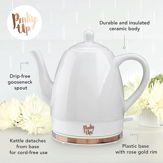 Pink Up Noelle Electric Tea Kettle, Gooseneck Kettle, Hot Water Dispenser, Pour Over Coffee, Automatic shut off, Cordless, Electric Teapot, 1.5L, Ceramic, Grey