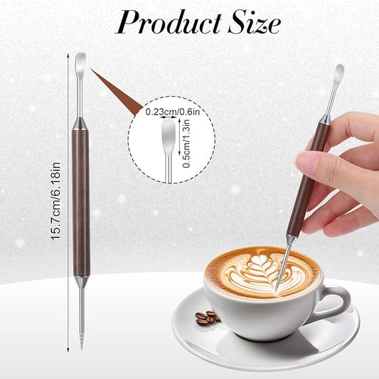 3 Pack Latte Art Pen, Double-Ended Coffee Latte Art Tools, Stainless Steel Coffee Drawing Tools with Wood Handle Barista Accessories for Espresso Designs, Home and Cafe Use