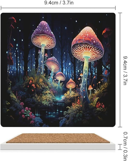 Square-4PCS Botanical Ceramic Coasters, Square Absorbent Drink Coasters, Fantasy Colorful Cartoon Style Abstract Mushroom Print Ceramic Table Coasters for Coffee, Beverage, Wine, Beer Coasters